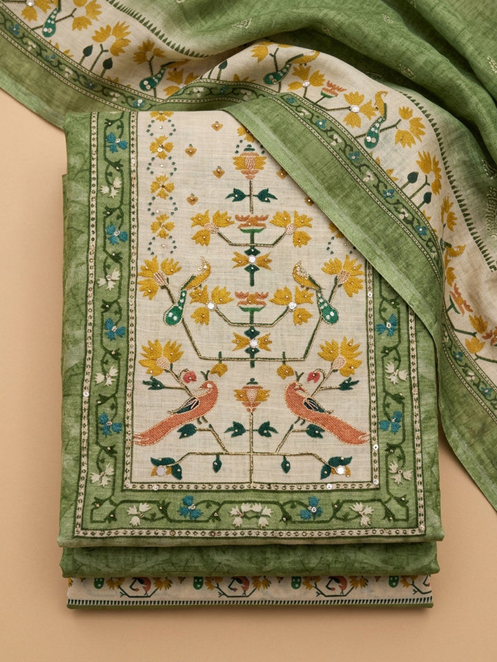 Mehndi Printed Chanderi Unstitched Suit &amp; Pant With Chanderi Dupatta