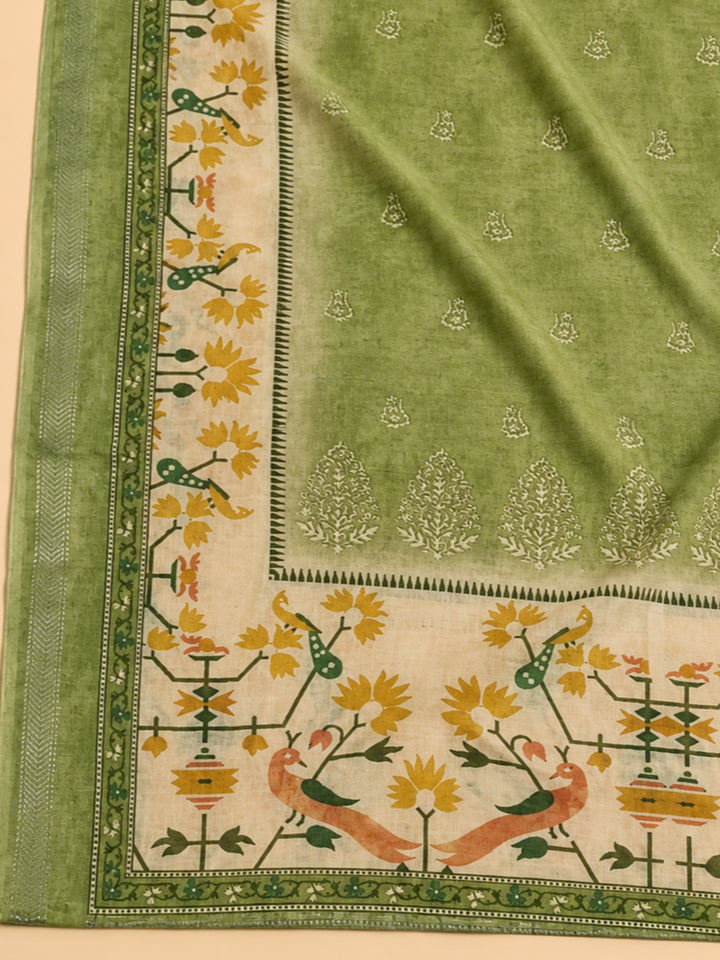 Mehndi Printed Chanderi Unstitched Suit &amp; Pant With Chanderi Dupatta