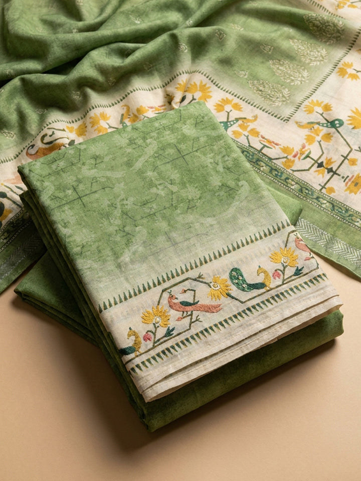 Mehndi Printed Chanderi Unstitched Suit &amp; Pant With Chanderi Dupatta
