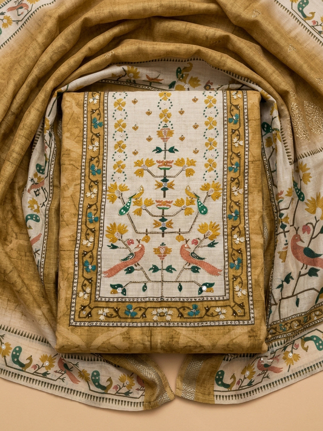 Mustard Printed Chanderi Unstitched Suit &amp; Pant With Chanderi Dupatta