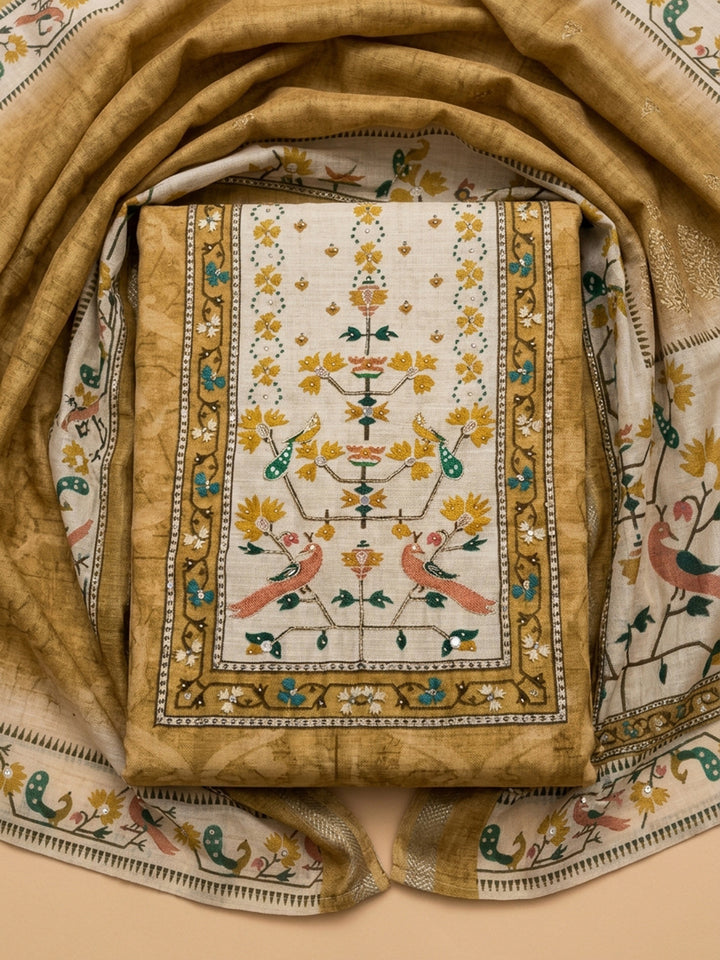 Mustard Printed Chanderi Unstitched Suit &amp; Pant With Chanderi Dupatta