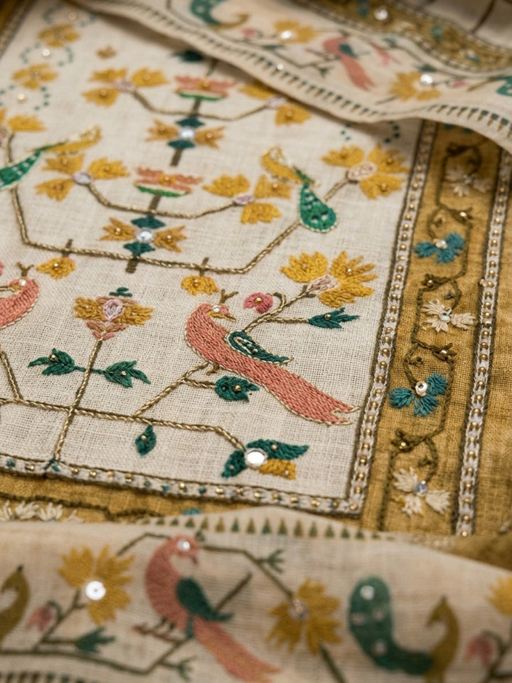 Mustard Printed Chanderi Unstitched Suit &amp; Pant With Chanderi Dupatta