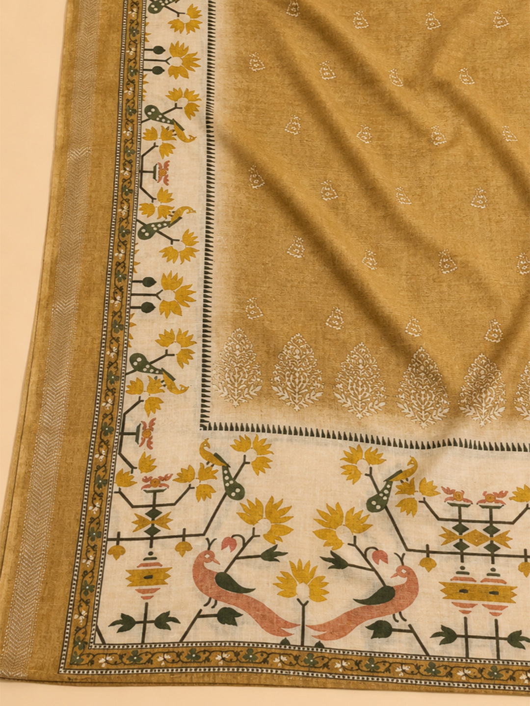 Mustard Printed Chanderi Unstitched Suit &amp; Pant With Chanderi Dupatta
