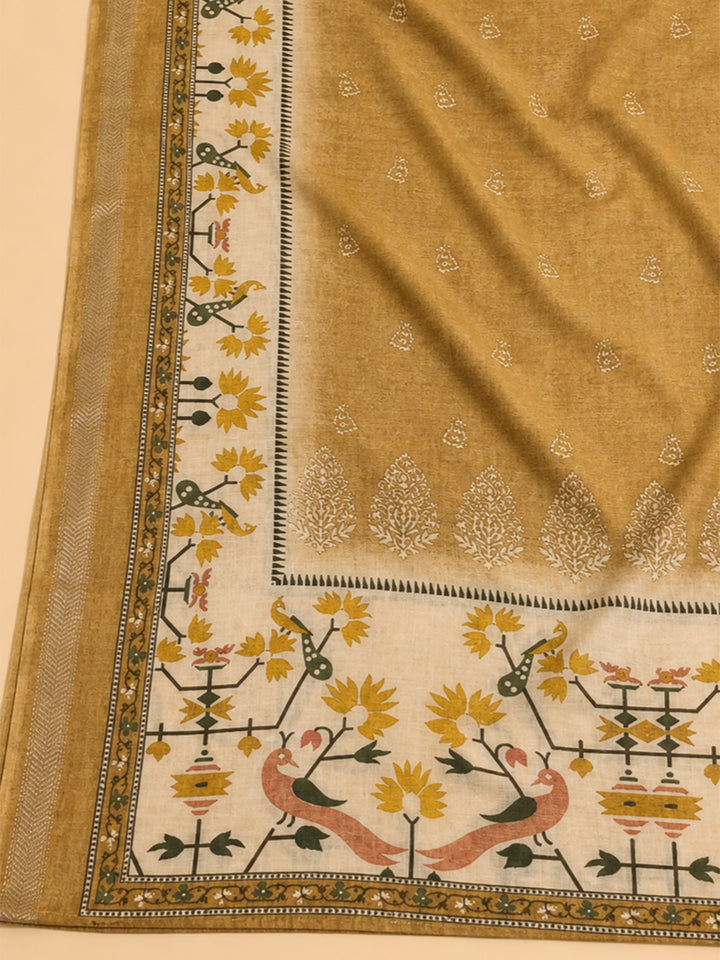 Mustard Printed Chanderi Unstitched Suit &amp; Pant With Chanderi Dupatta