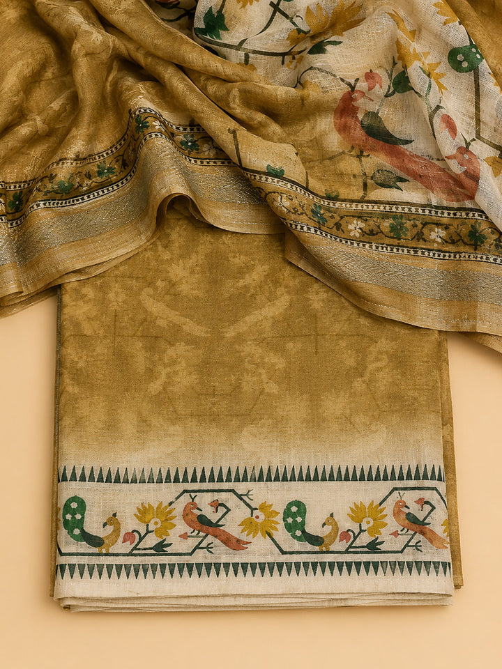 Mustard Printed Chanderi Unstitched Suit &amp; Pant With Chanderi Dupatta