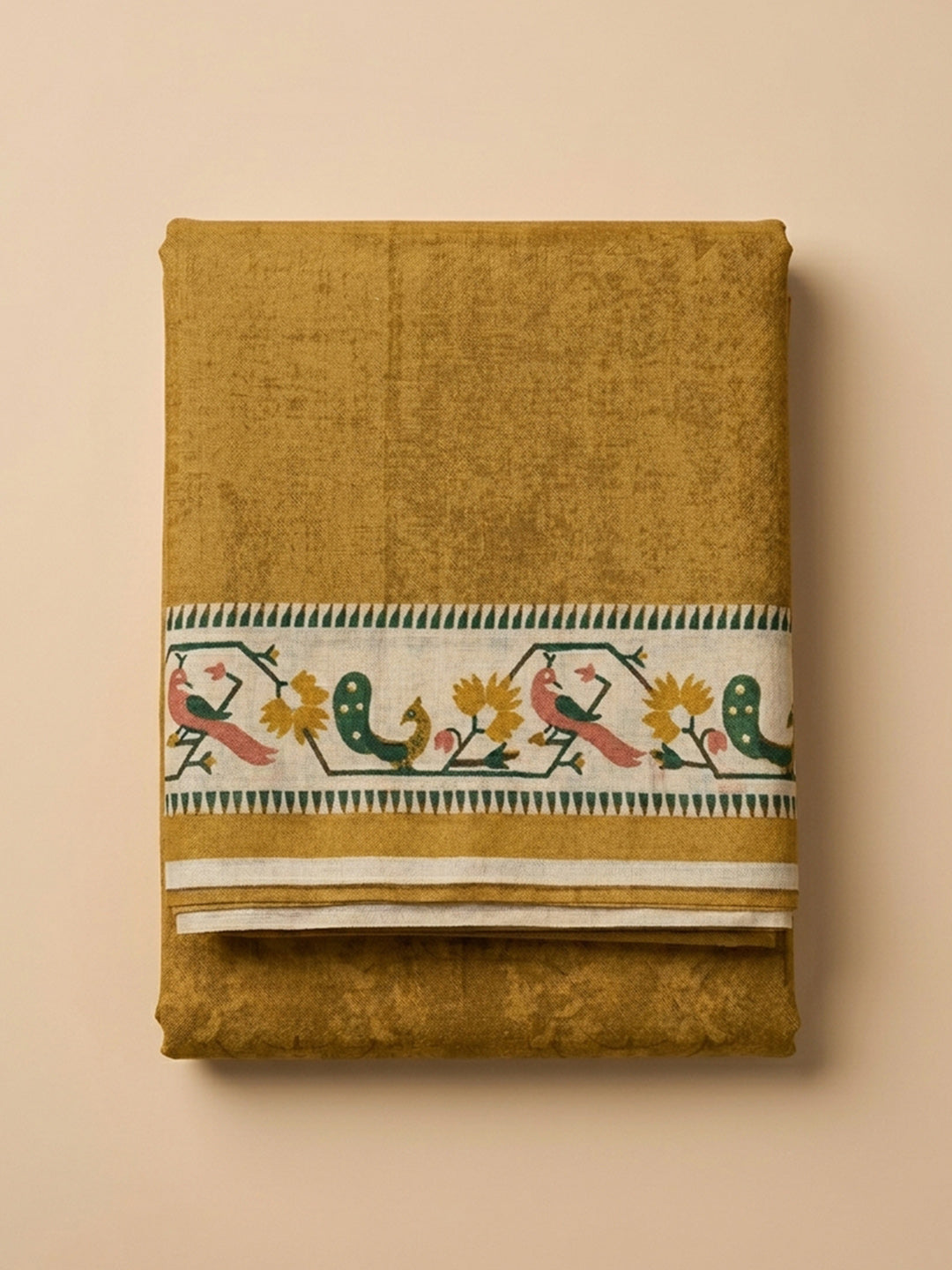 Mustard Printed Chanderi Unstitched Suit &amp; Pant With Chanderi Dupatta