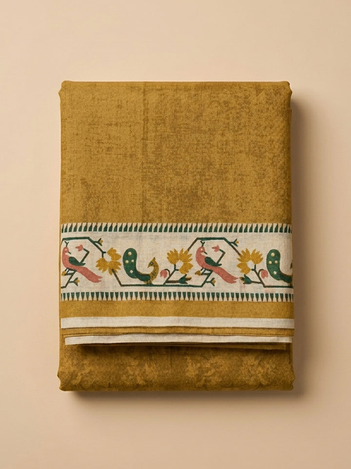 Mustard Printed Chanderi Unstitched Suit &amp; Pant With Chanderi Dupatta
