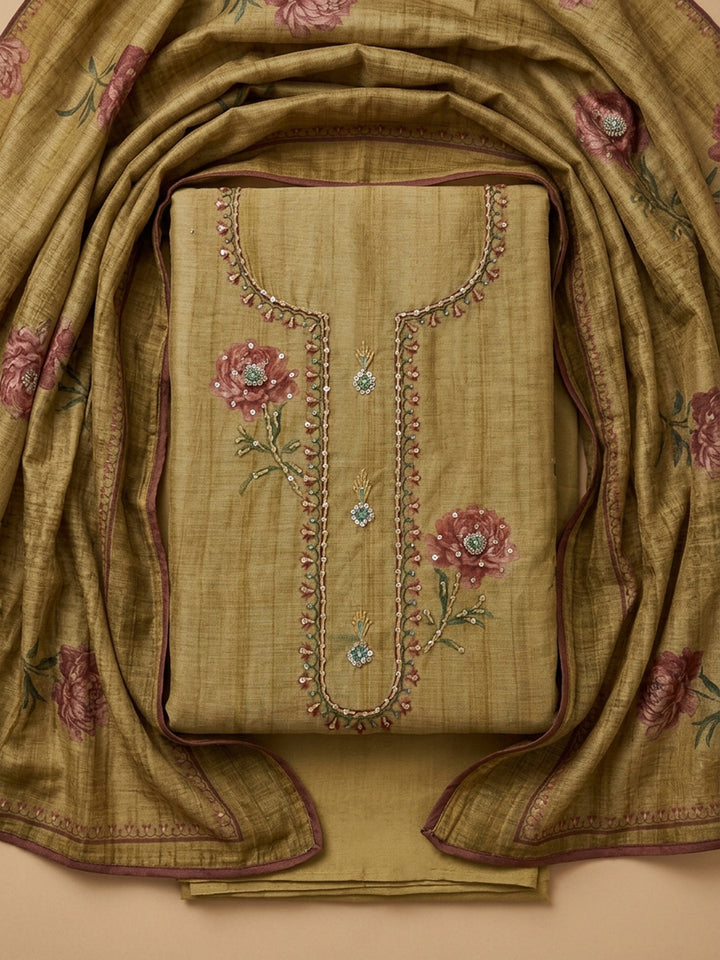 Mehndi Embroidered Chanderi Unstitched Suit &amp; Pant With Chanderi Dupatta