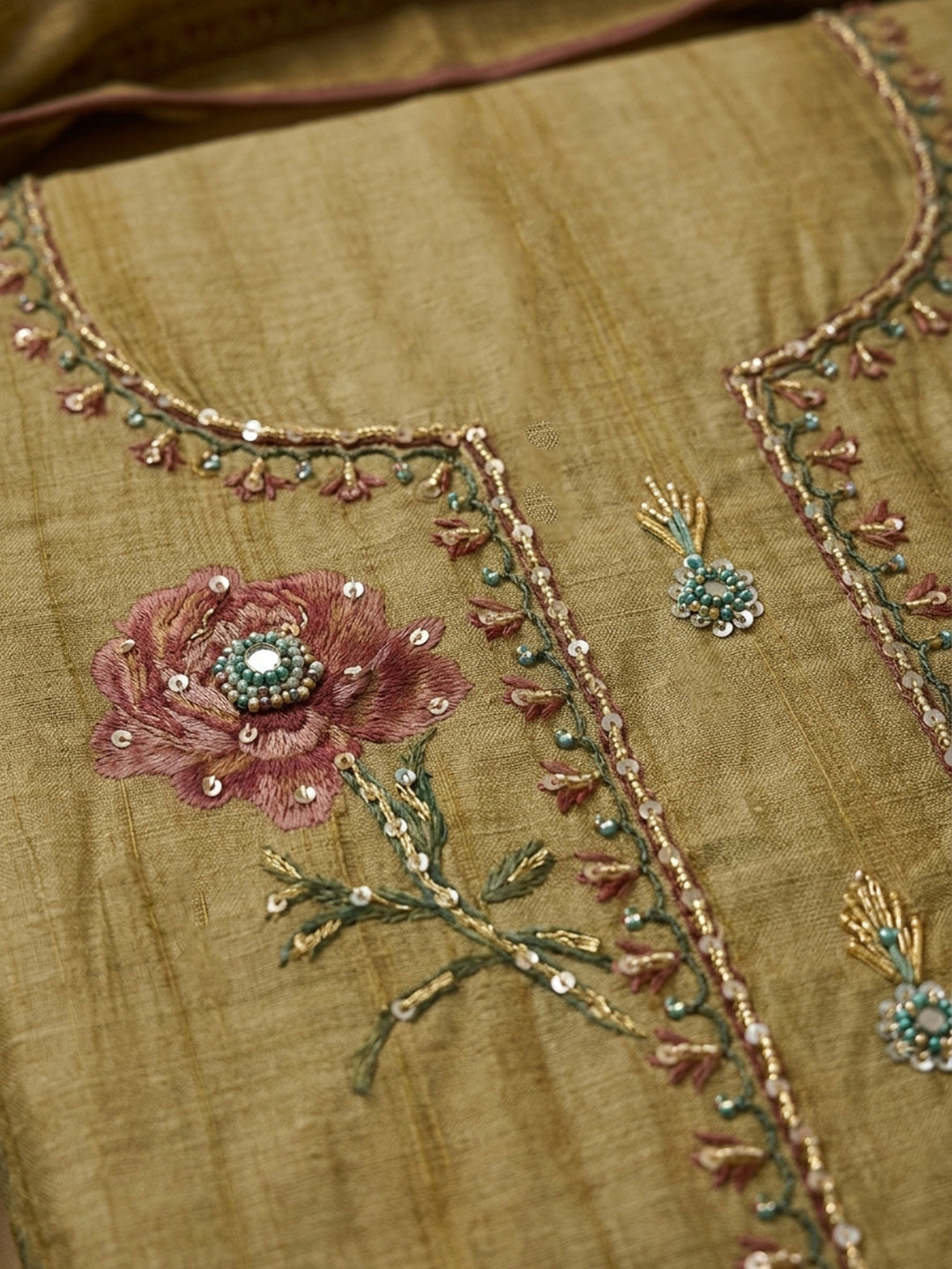 Mehndi Embroidered Chanderi Unstitched Suit &amp; Pant With Chanderi Dupatta