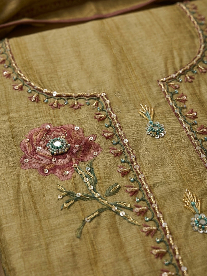 Mehndi Embroidered Chanderi Unstitched Suit &amp; Pant With Chanderi Dupatta