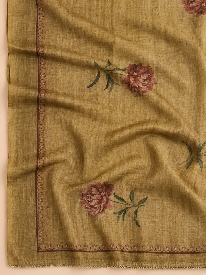 Mehndi Embroidered Chanderi Unstitched Suit &amp; Pant With Chanderi Dupatta
