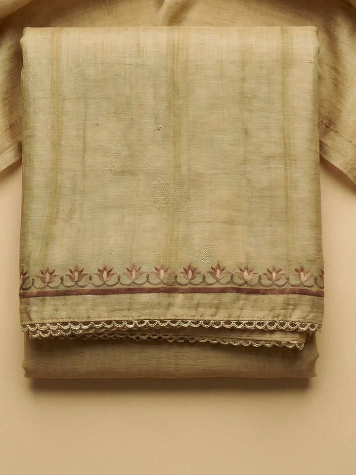 Mehndi Embroidered Chanderi Unstitched Suit &amp; Pant With Chanderi Dupatta