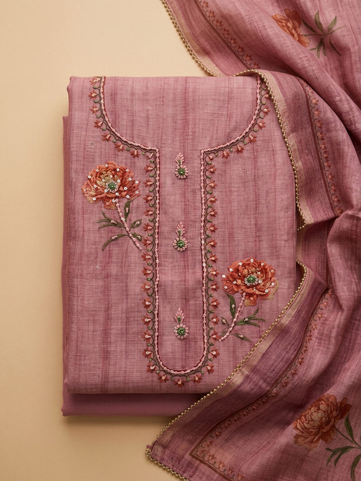 Onion Pink Embroidered Chanderi Unstitched Suit &amp; Pant With Chanderi Dupatta