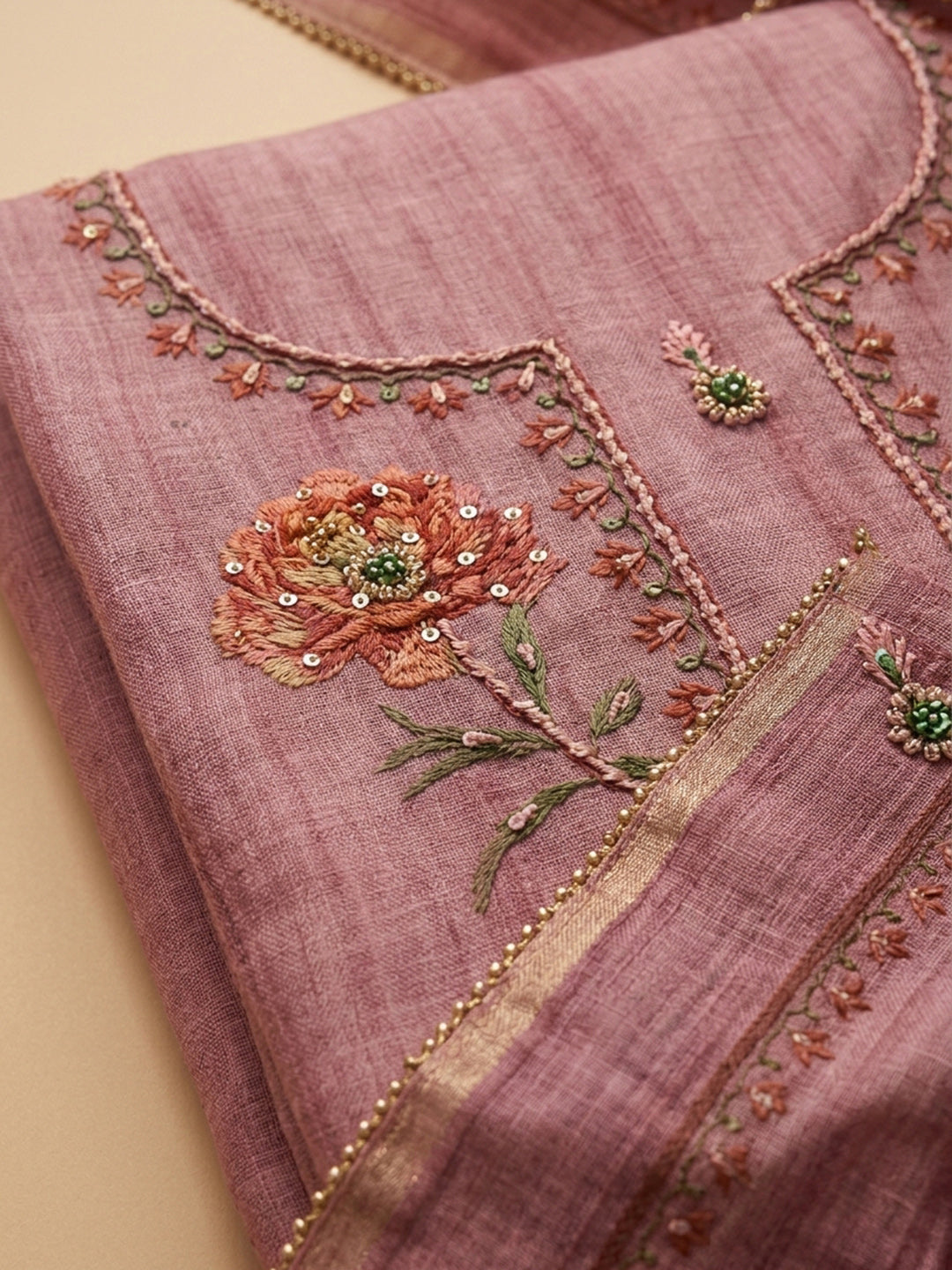 Onion Pink Embroidered Chanderi Unstitched Suit &amp; Pant With Chanderi Dupatta
