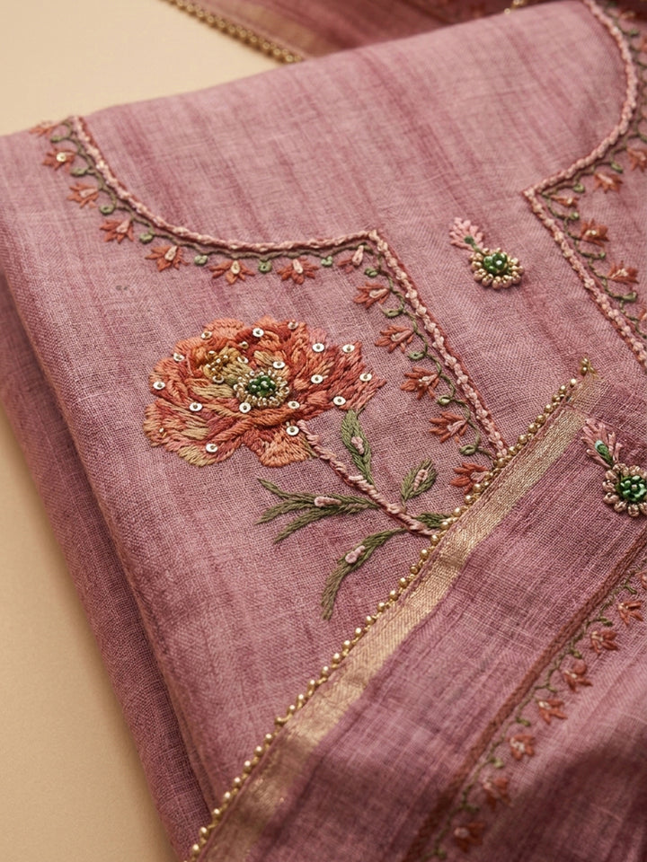 Onion Pink Embroidered Chanderi Unstitched Suit &amp; Pant With Chanderi Dupatta