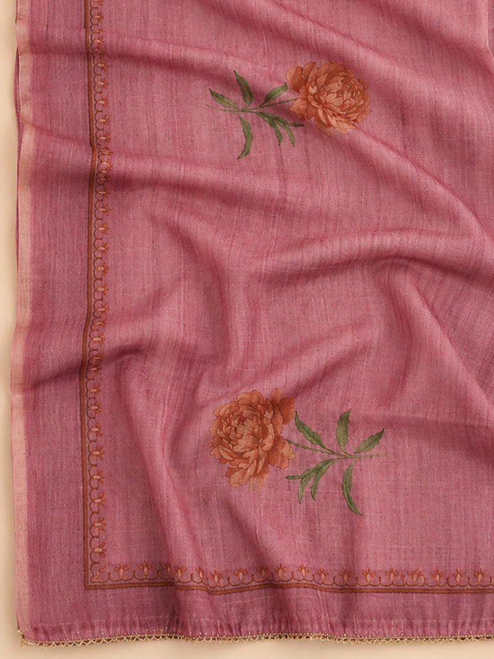 Onion Pink Embroidered Chanderi Unstitched Suit &amp; Pant With Chanderi Dupatta