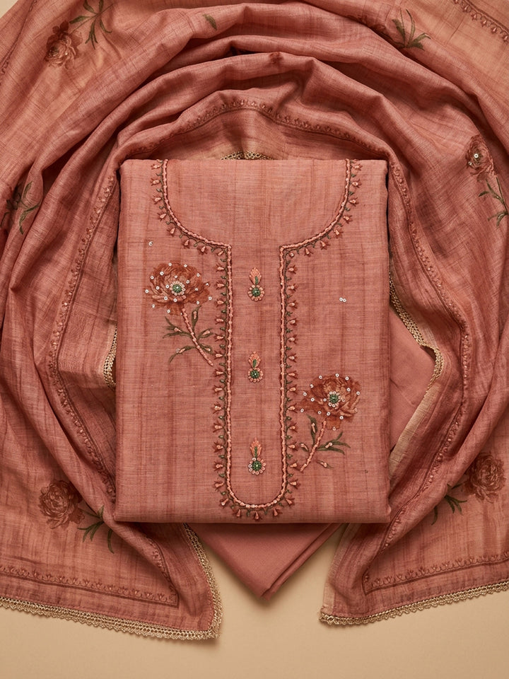 Peach Embroidered Chanderi Unstitched Suit &amp; Pant With Chanderi Dupatta