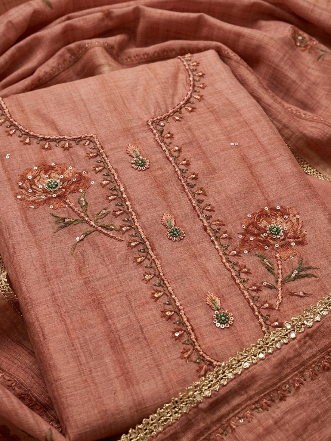 Peach Embroidered Chanderi Unstitched Suit &amp; Pant With Chanderi Dupatta
