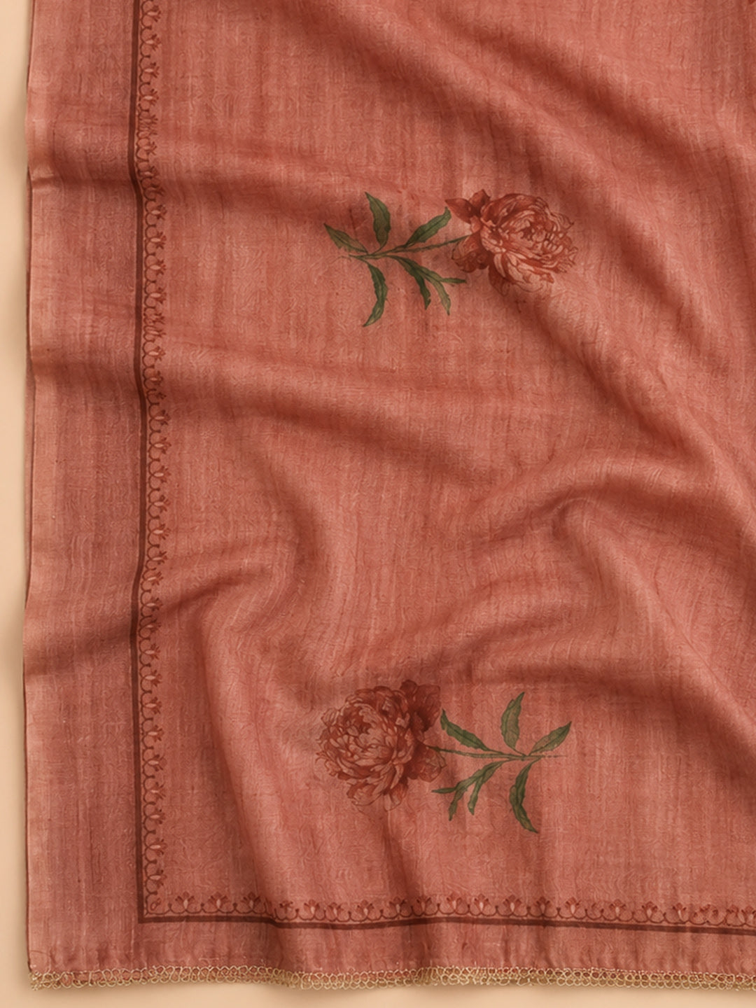 Peach Embroidered Chanderi Unstitched Suit &amp; Pant With Chanderi Dupatta