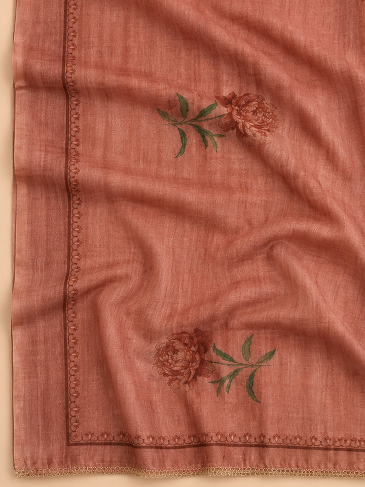 Peach Embroidered Chanderi Unstitched Suit &amp; Pant With Chanderi Dupatta
