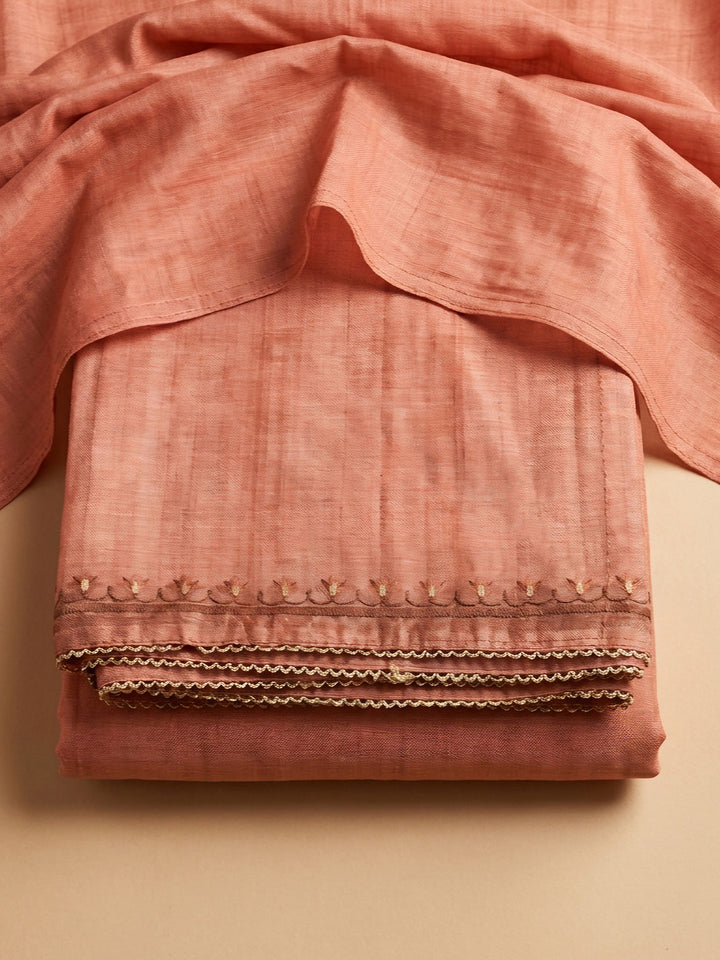 Peach Embroidered Chanderi Unstitched Suit &amp; Pant With Chanderi Dupatta
