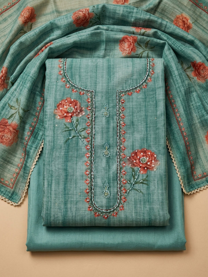 Rama Green Embroidered Chanderi Unstitched Suit &amp; Pant With Chanderi Dupatta