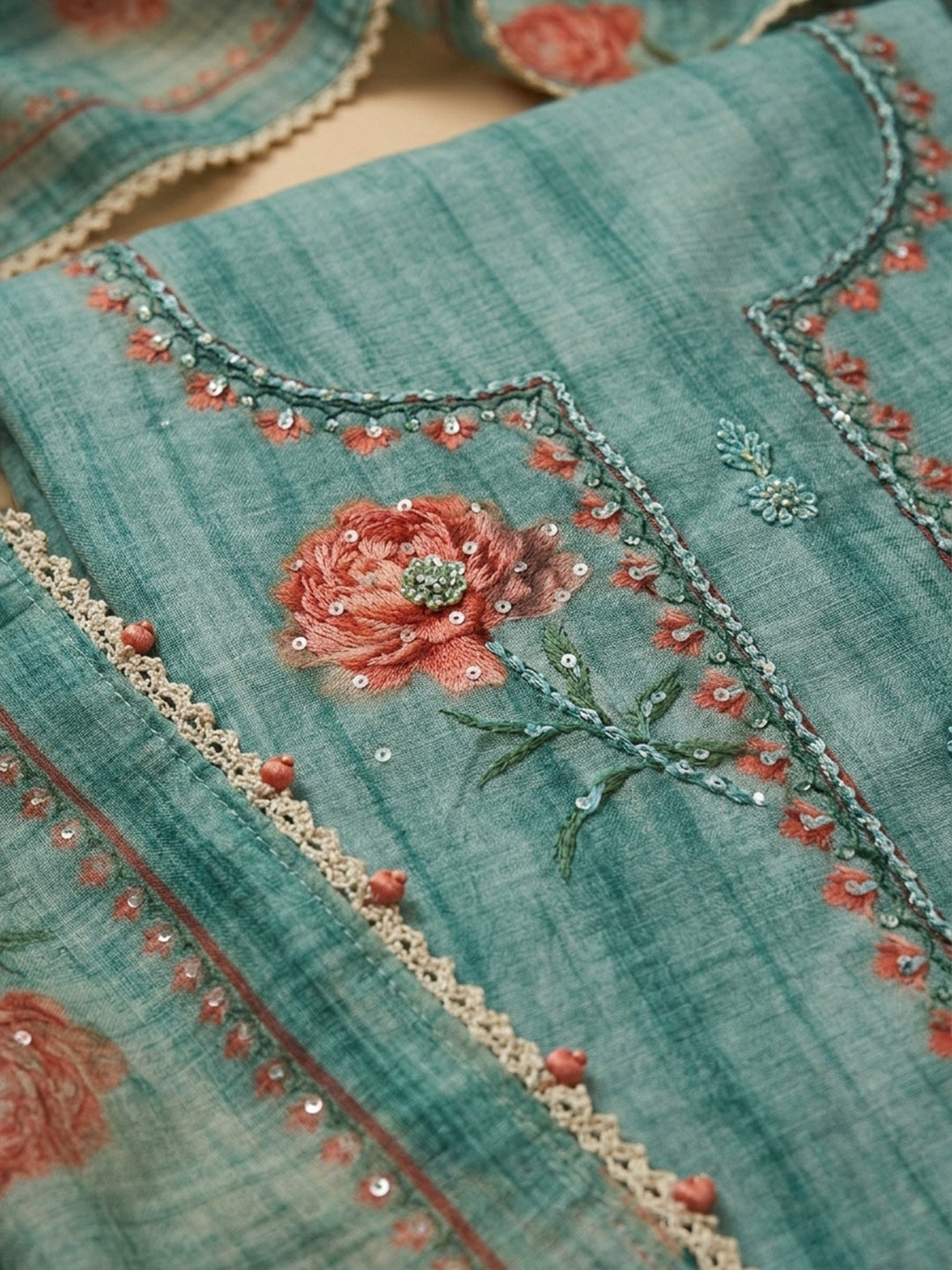 Rama Green Embroidered Chanderi Unstitched Suit &amp; Pant With Chanderi Dupatta