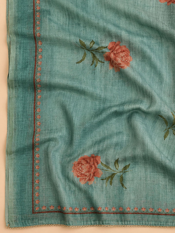 Rama Green Embroidered Chanderi Unstitched Suit &amp; Pant With Chanderi Dupatta