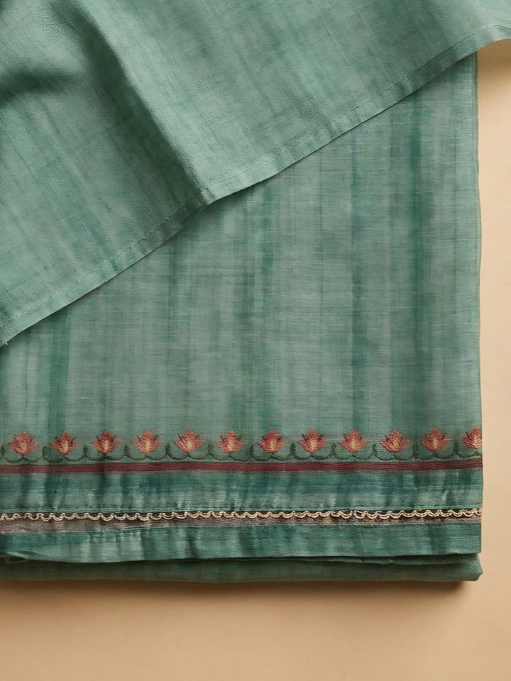 Rama Green Embroidered Chanderi Unstitched Suit &amp; Pant With Chanderi Dupatta