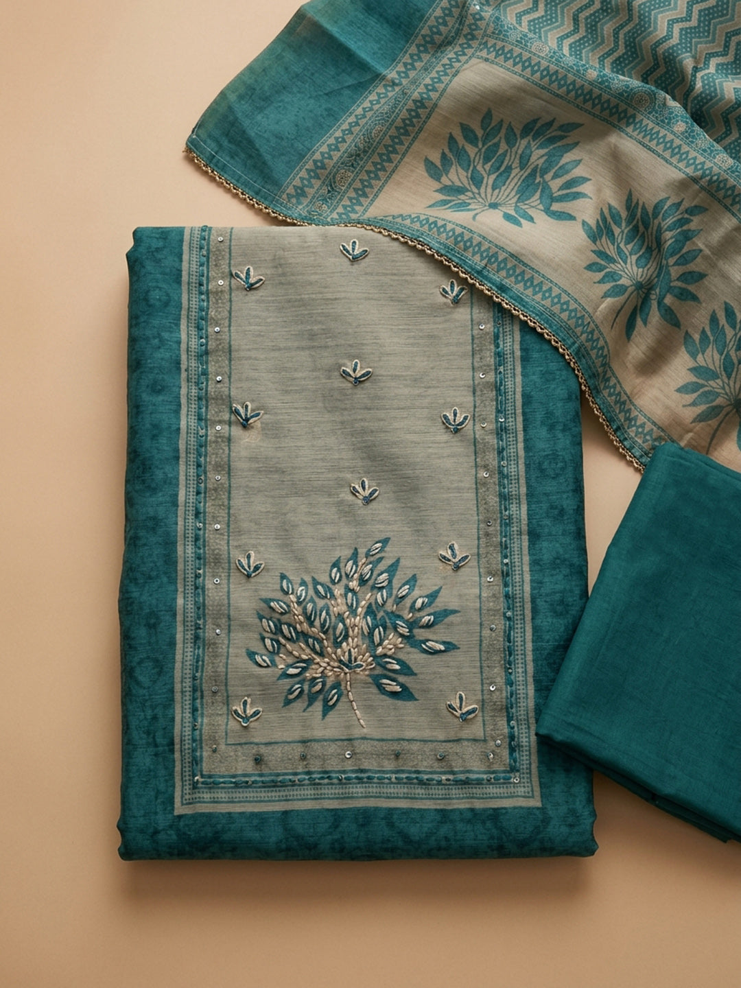 Blue Printed Linen Blend Unstitched Suit &amp; Pant With Linen Dupatta