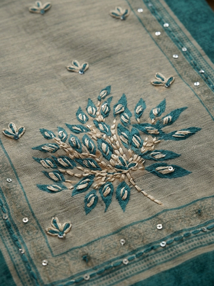 Blue Printed Linen Blend Unstitched Suit &amp; Pant With Linen Dupatta