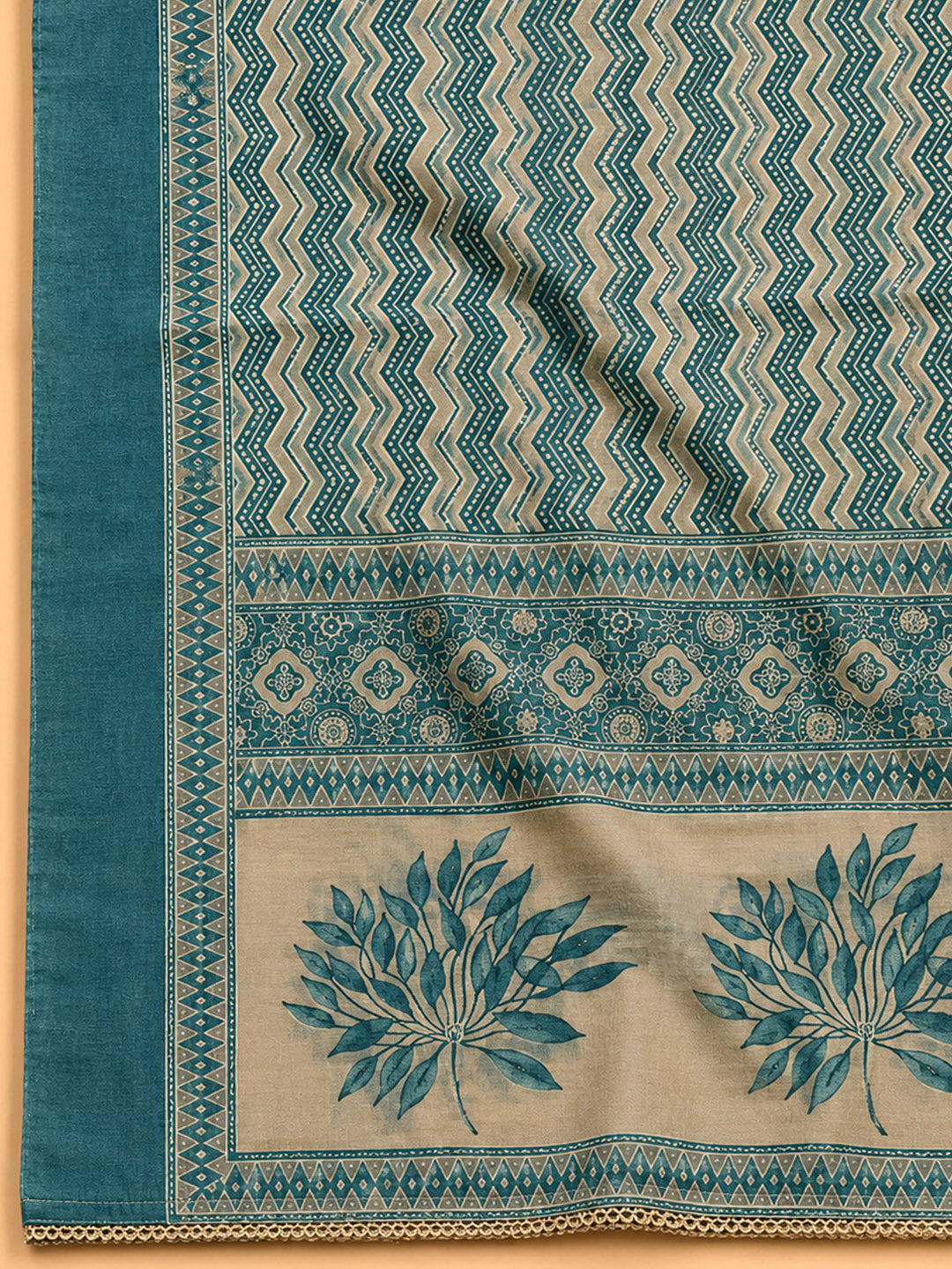 Blue Printed Linen Blend Unstitched Suit &amp; Pant With Linen Dupatta