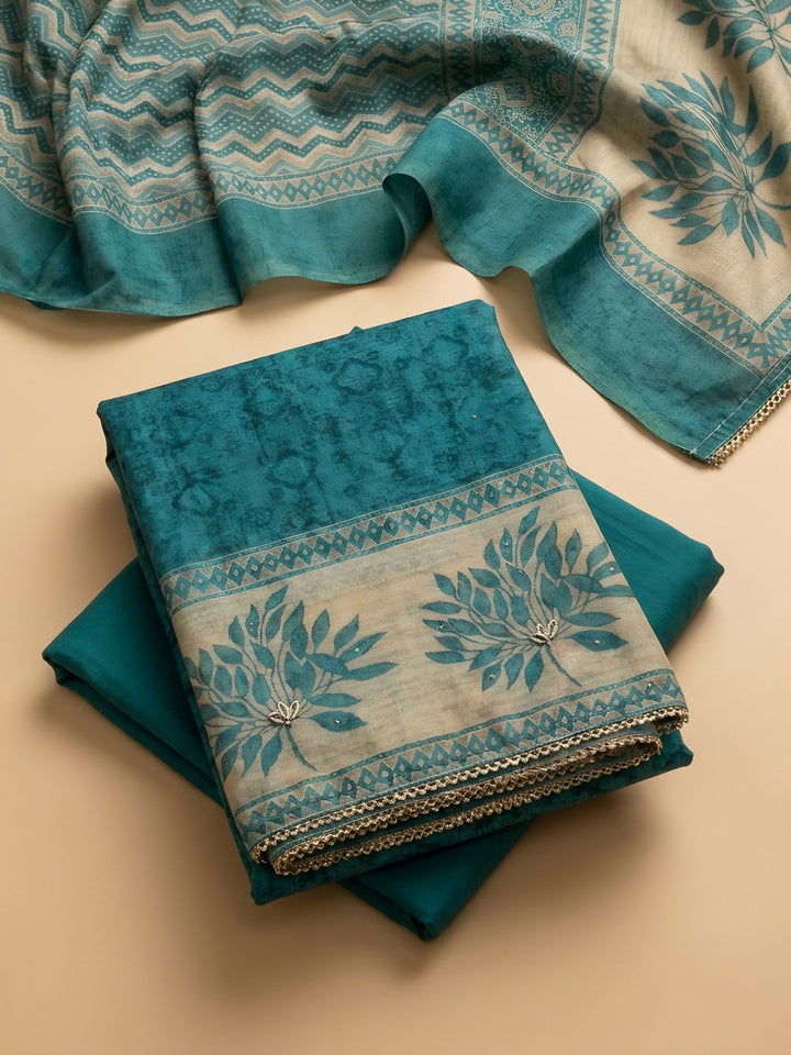 Blue Printed Linen Blend Unstitched Suit &amp; Pant With Linen Dupatta