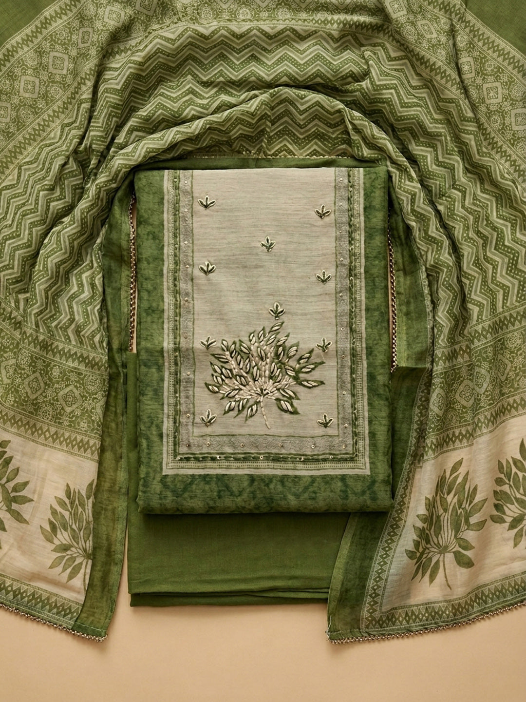 Green Printed Linen Blend Unstitched Suit &amp; Pant With Linen Dupatta
