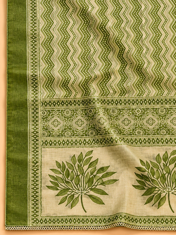 Green Printed Linen Blend Unstitched Suit &amp; Pant With Linen Dupatta