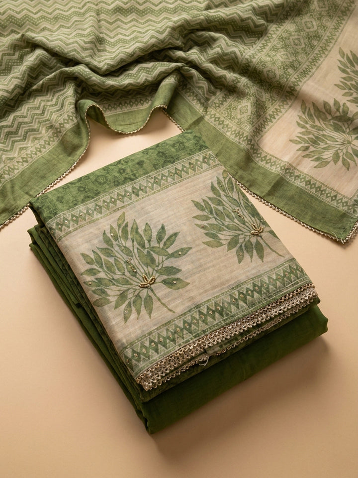 Green Printed Linen Blend Unstitched Suit &amp; Pant With Linen Dupatta