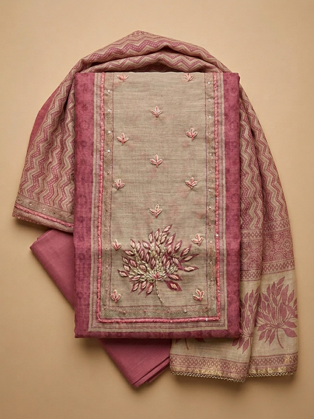 Onion Pink Printed Linen Blend Unstitched Suit &amp; Pant With Linen Dupatta