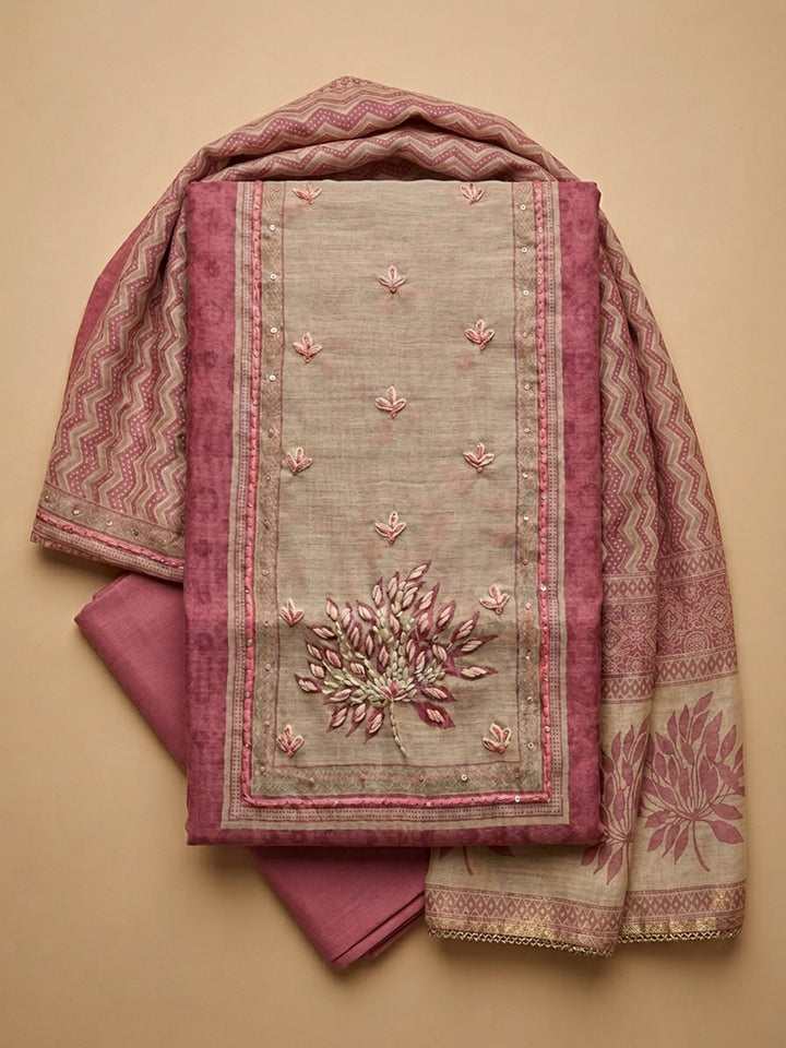 Onion Pink Printed Linen Blend Unstitched Suit &amp; Pant With Linen Dupatta