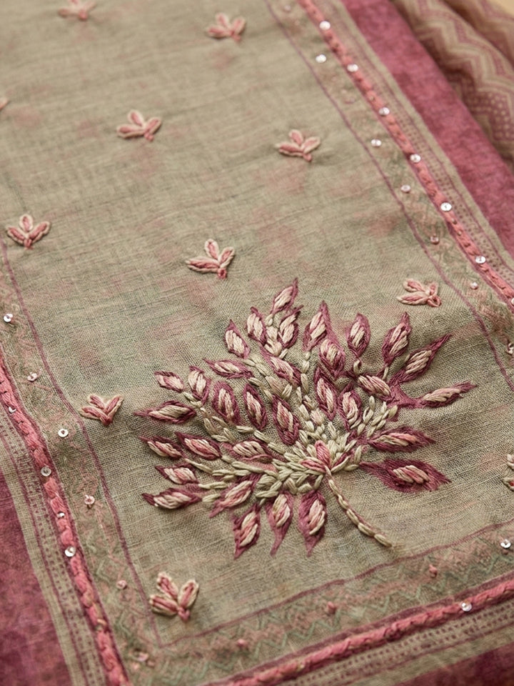 Onion Pink Printed Linen Blend Unstitched Suit &amp; Pant With Linen Dupatta