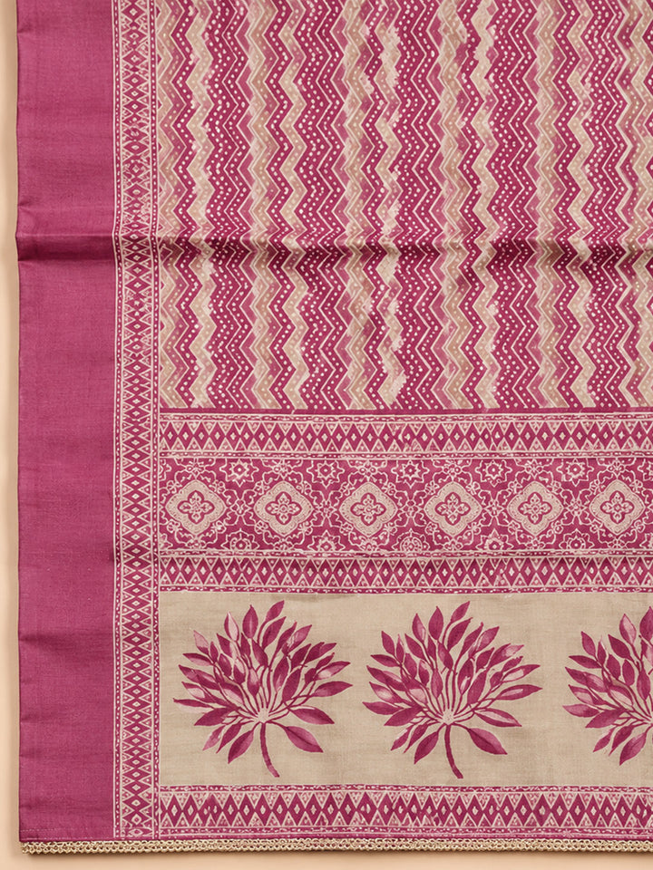 Onion Pink Printed Linen Blend Unstitched Suit &amp; Pant With Linen Dupatta