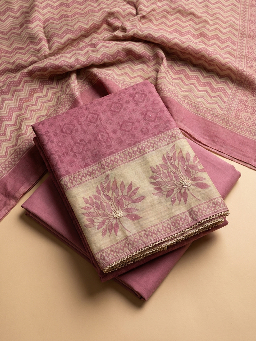 Onion Pink Printed Linen Blend Unstitched Suit &amp; Pant With Linen Dupatta