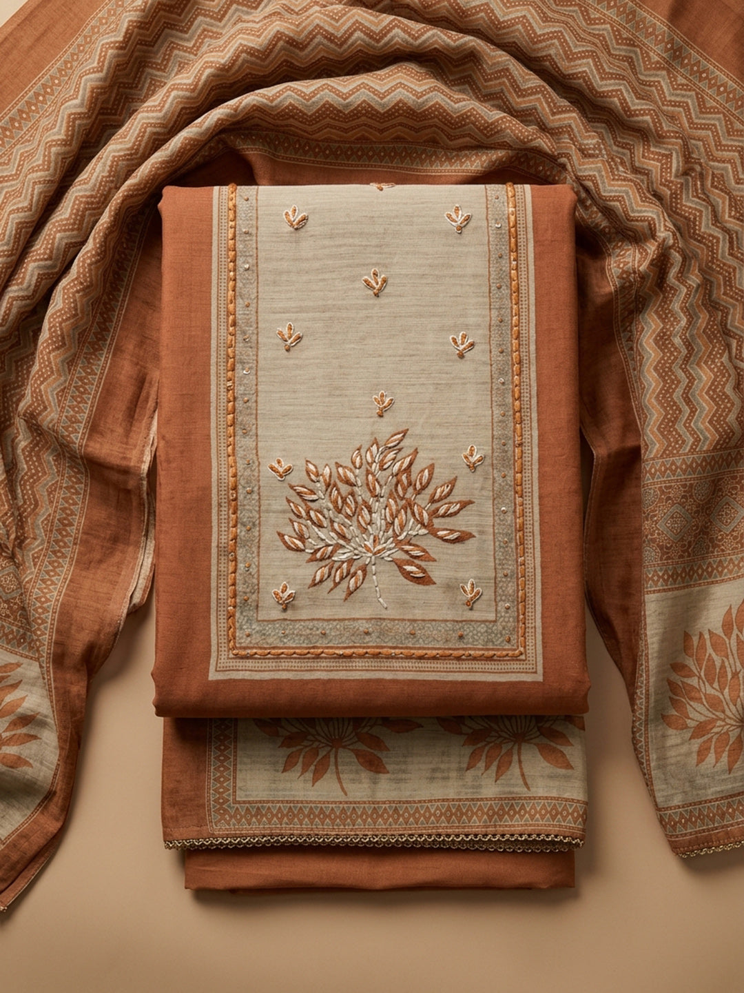 Rust Printed Linen Blend Unstitched Suit &amp; Pant With Linen Dupatta