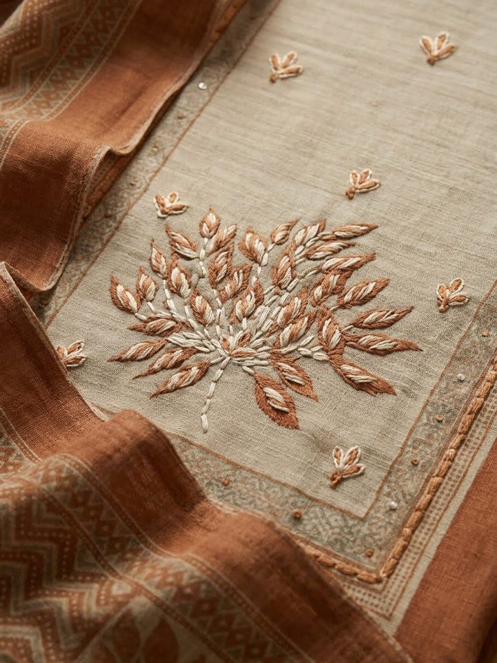Rust Printed Linen Blend Unstitched Suit &amp; Pant With Linen Dupatta