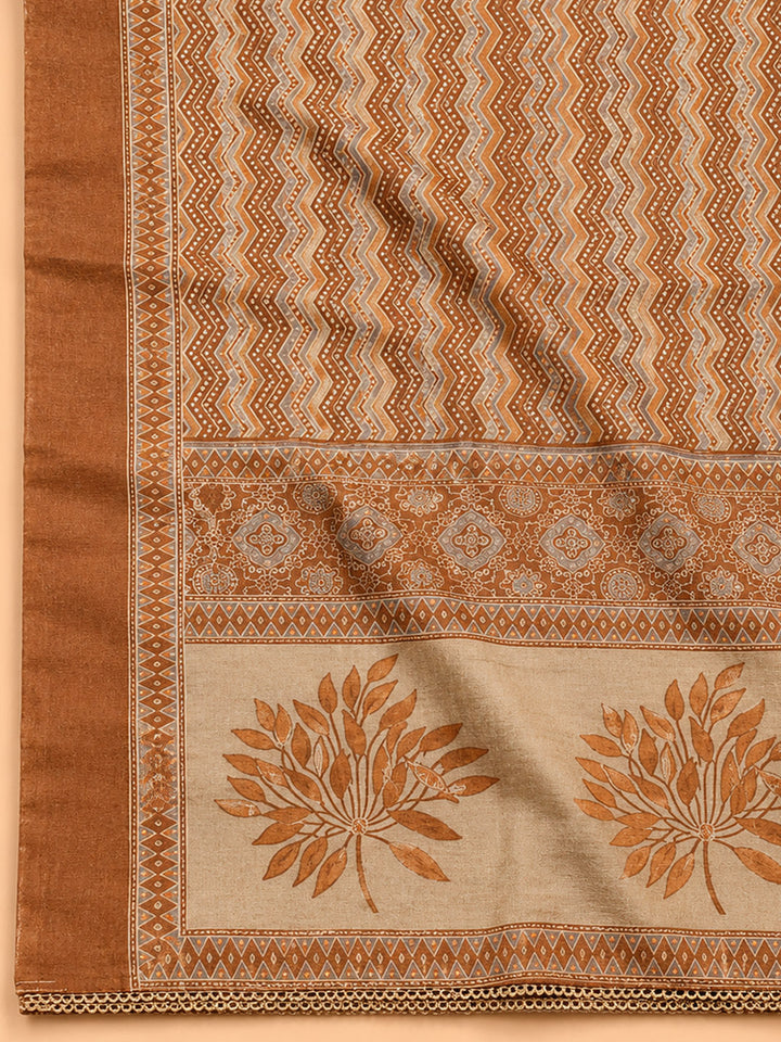 Rust Printed Linen Blend Unstitched Suit &amp; Pant With Linen Dupatta