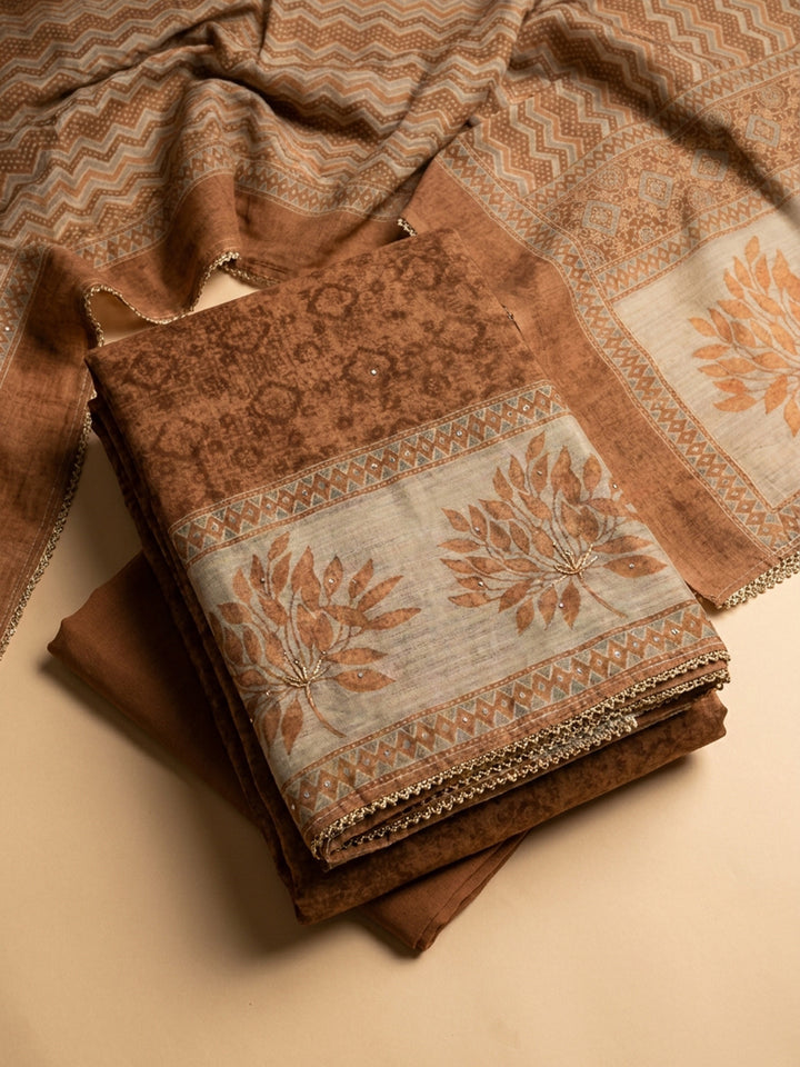 Rust Printed Linen Blend Unstitched Suit &amp; Pant With Linen Dupatta