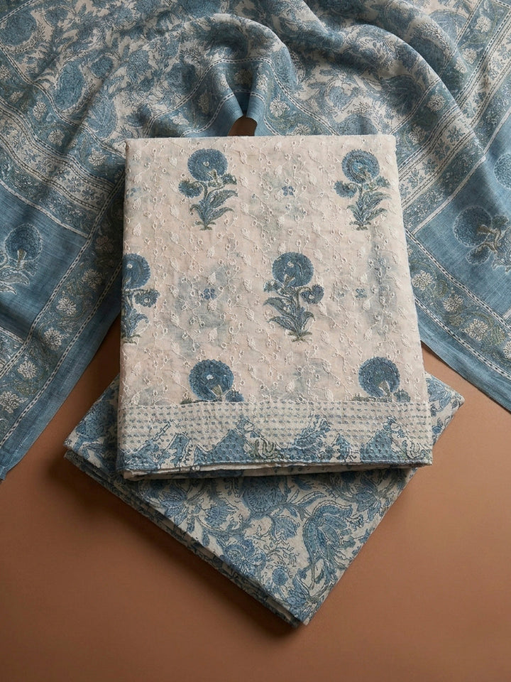Blue Printed Cotton Blend Unstitched Dress Material