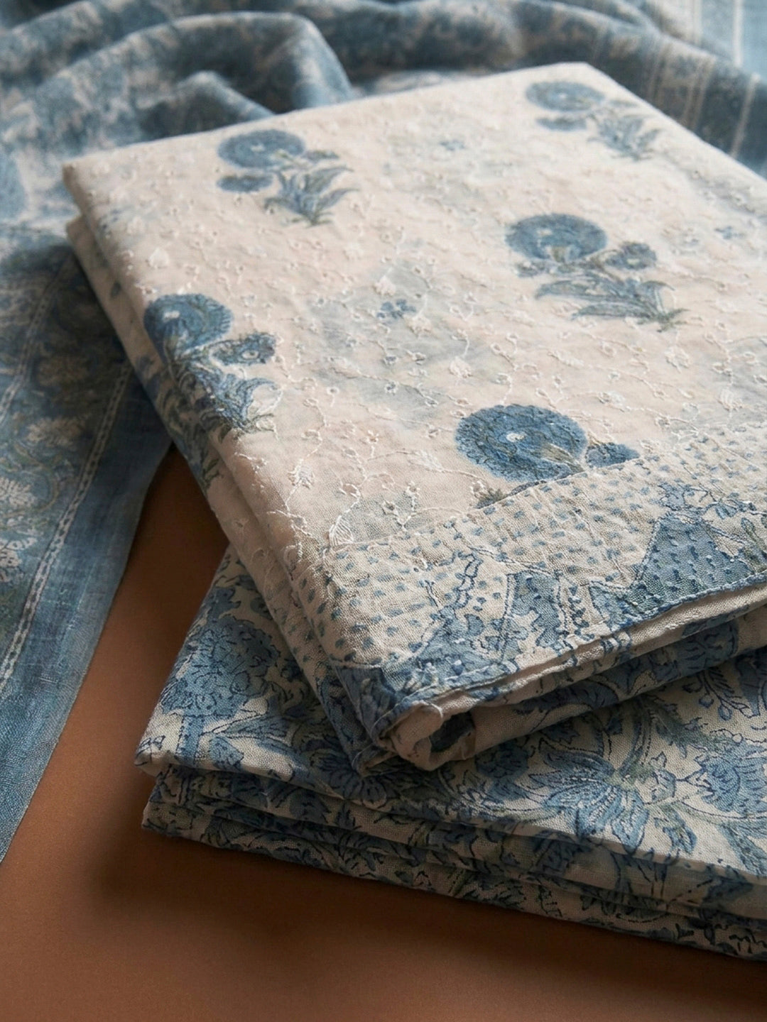 Blue Printed Cotton Blend Unstitched Dress Material
