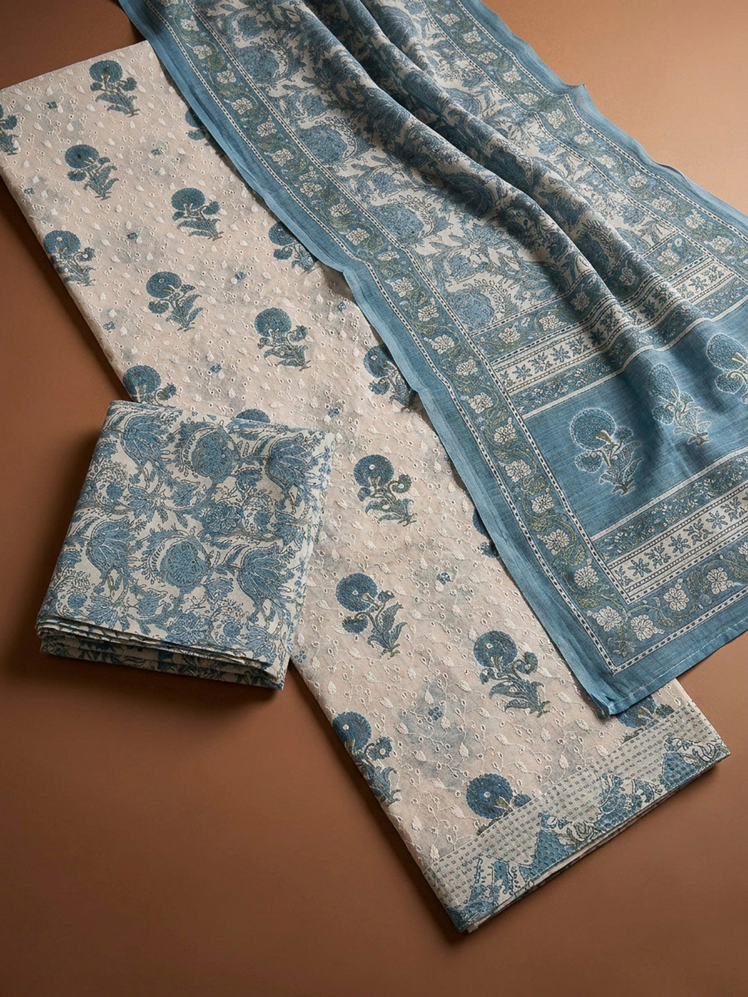 Blue Printed Cotton Blend Unstitched Dress Material
