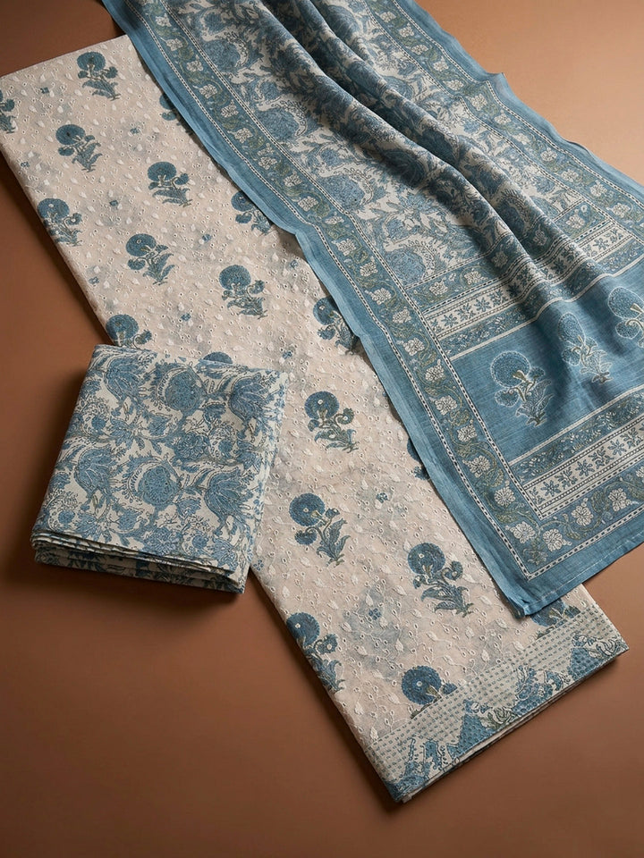 Blue Printed Cotton Blend Unstitched Dress Material