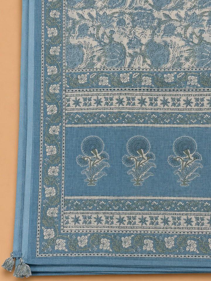 Blue Printed Cotton Blend Unstitched Dress Material